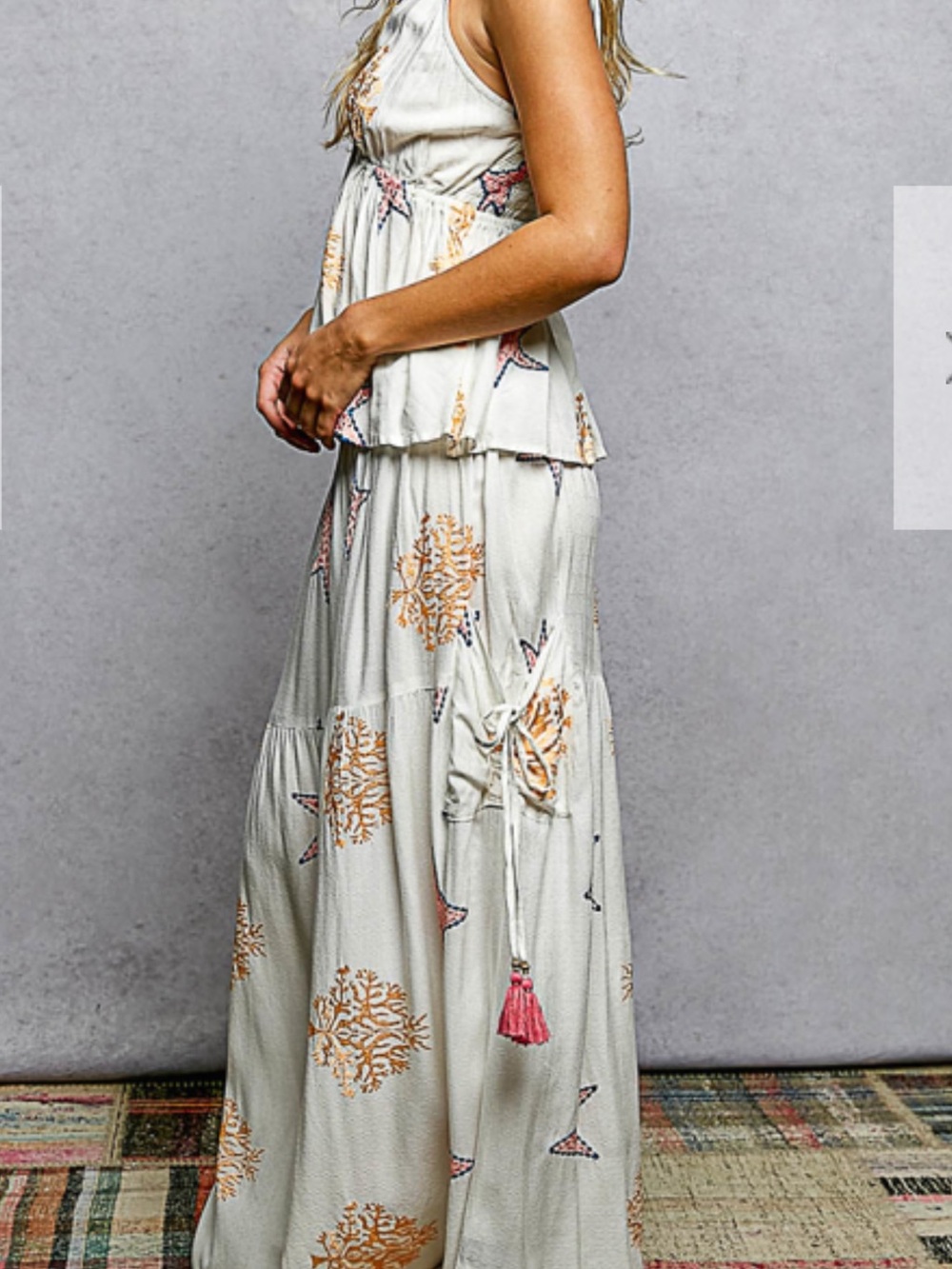 POL Cream Tiered Maxi Jumpsuit with Coral Print & Pink Tassel